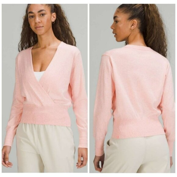 Lululemon Crossover Ribbed Waist Sweater Sz 8 Pink Cashmere Comfy Soft Luxury - Picture 1 of 10
